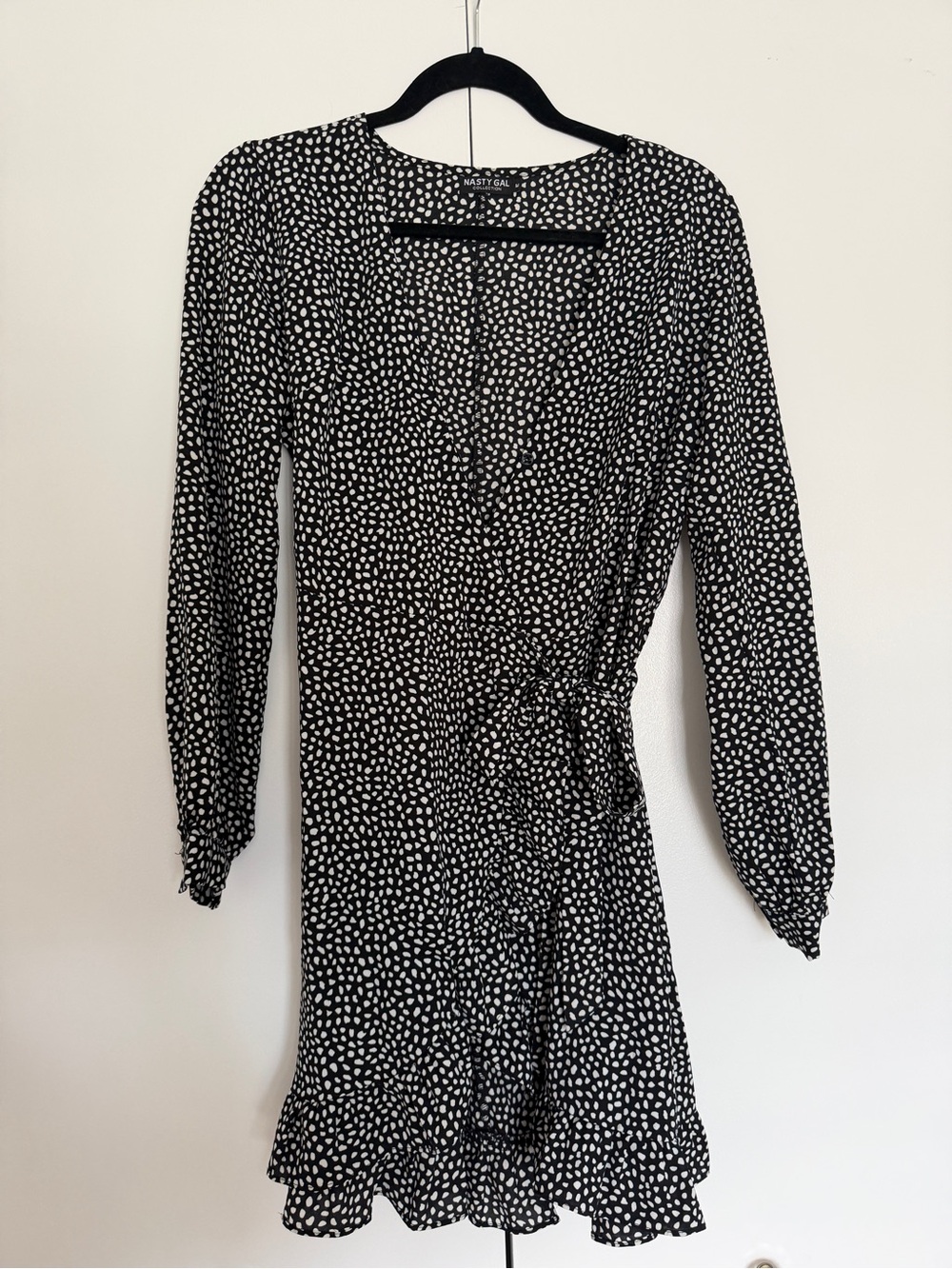Nasty Gal Black & White Polka Dot Long Sleeve Wrap Dress